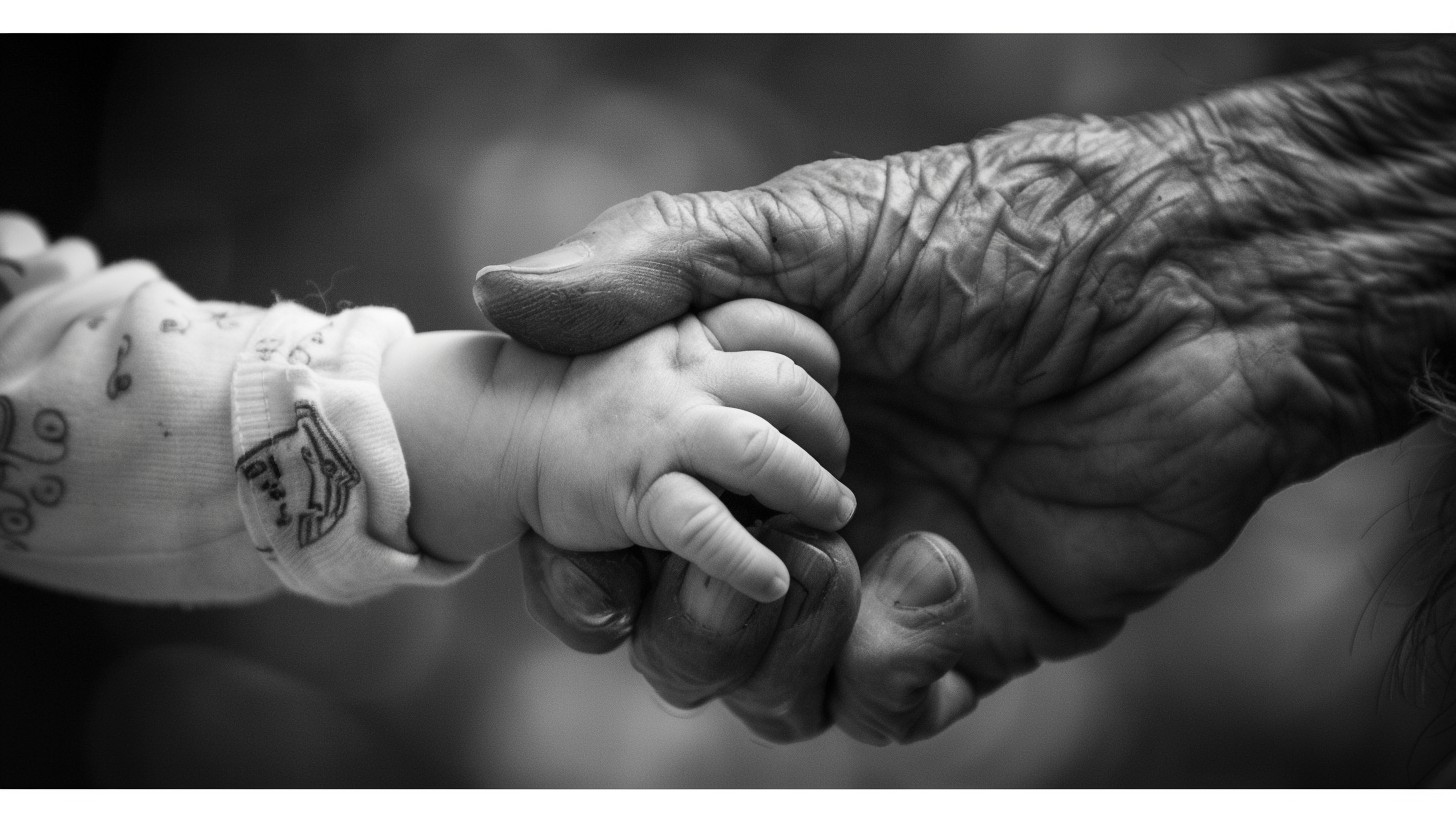 generational hand connection, old mans hand holding a babys hand