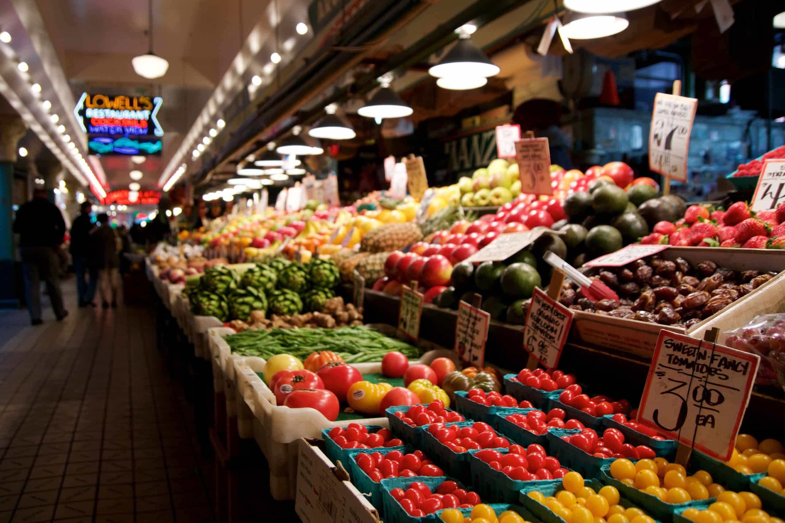 seattle farmers market, closeup of displays of fresh produce
