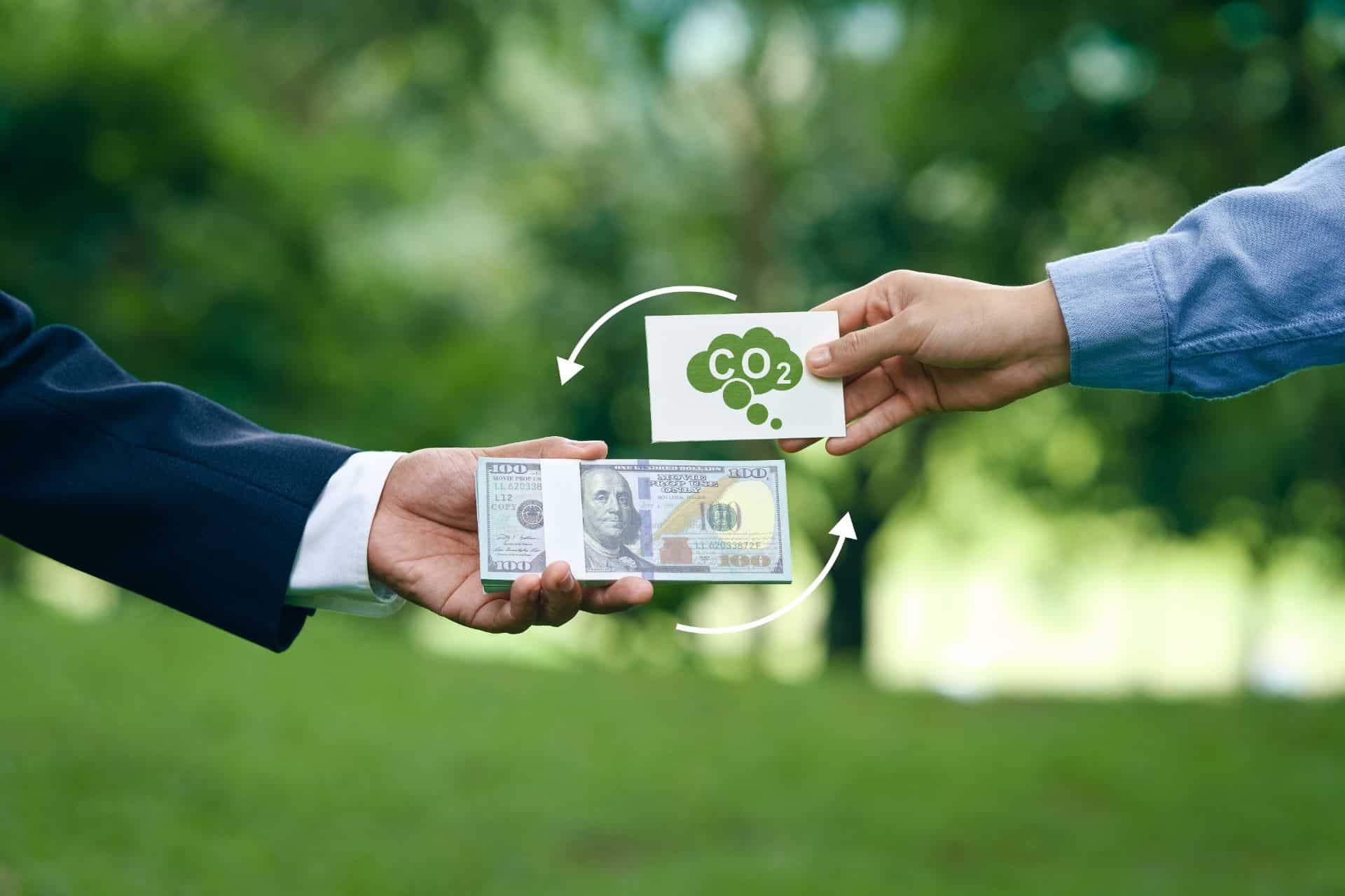 Businessman holding a US dollar banknote And another person held up a sign with the CO2 icon. The concept of carbon credits. carbon credit trading etc.